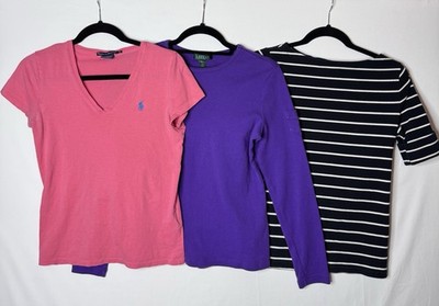 Set of 3 Ralph Lauren Polo Shirt Womens M Pink Purple Pony Striped Preppy Cute