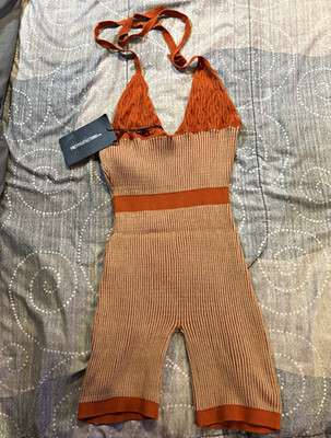 PrettyLittleThing Ribbed Knit Halter Sleeveless Romper One-Piece Brown/Beige S