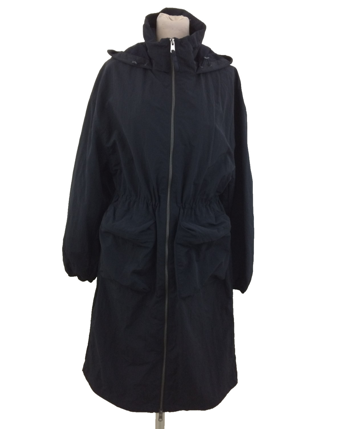 M&S Women's Rain Jacket Size 12 Navy Drawstring Hood Shower Resistant Zip New F1