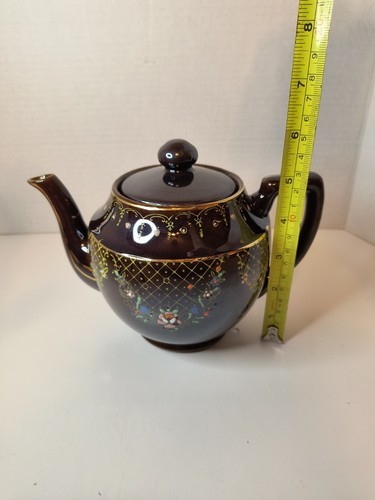 VTG BLACK TEAPOT W/MORIAGE HANDPAINTED GREEN RED YELLOW FLORAL MADE IN JAPAN - Picture 2 of 10