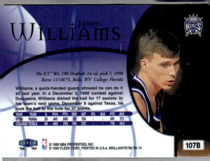 Fleer Brilliants #107 1998-99 Jason Williams Foto 2 de 2