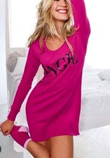 Victoria Secret Pajama Shirt L Nightgown Cotton Long Sleeve Pink Sequince Angel