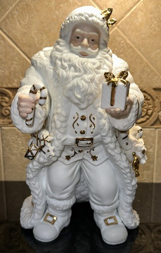 White & Gold Ceramic Santa W/Present Christmas Figure About 11" Vintage - Picture 1 of 8