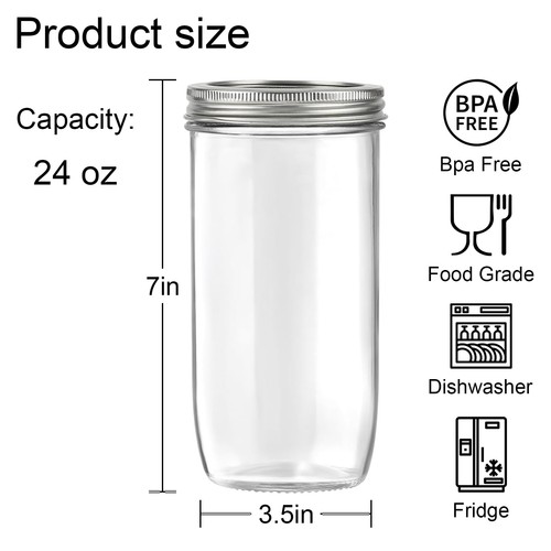 6 Pack 24oz Mason Jars Wide Mouth Glass Canning Jars with Lids for Fermenting - Picture 5 of 6