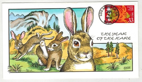 1999 COLLINS HANDPAINTED FDC 3272 CHINESE NEW YEAR OF THE HARE RABBIT