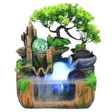 Indoor Water Fountain W/LED Lamp Tabletop Waterfall Mist Rockery Feng Shui Decor