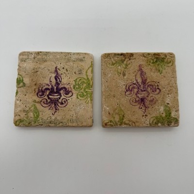 Set of 2 Fleur De Lis Travertine Stone Drink Coasters Rustic New Orleans Decor