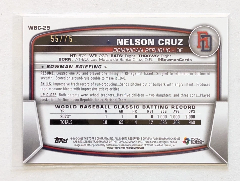 2023 Bowman Chrome Nelson Cruz WBC Flag Variations Blue Refractor /75 #WBC-29 - Image 2 of 2