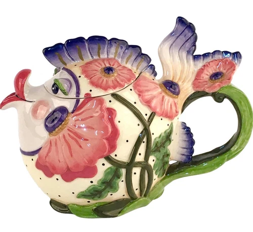 Kissy Fish Ceramic Teapot By Blue Sky Clayworks Ceramic 9.25x7” Coastal
