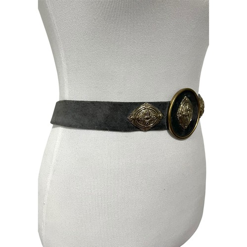Vintage Womens Belt Gray Suede Gold Medallion Western Gothic Boho Statement - Picture 8 of 10