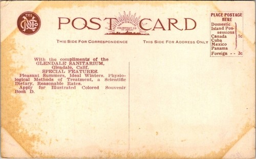 GLENDALE SANITARIUM Glendale, CA Southern California Health Resort Postcard - Picture 2 of 2
