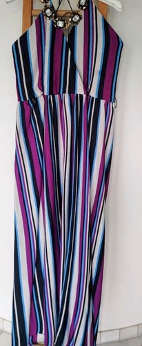 Mango Women Purple V-Neck Long Combo Belted Metallic Striped Maxi Dress sz 16-18 - Picture 2 of 5