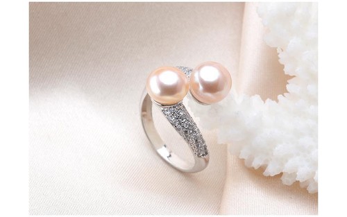 Anello doppia perla regolabile naturale acqua dolce perle argento sterling zirconi - Foto 9 di 16