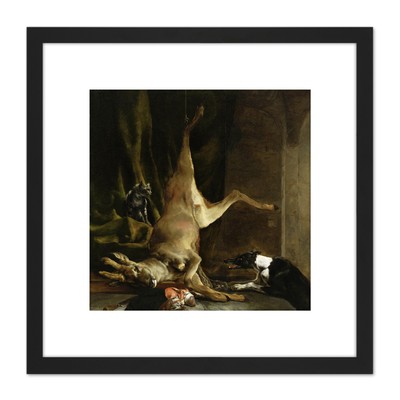 Weenix Dog And Cat Near Disembowelled Deer Square Framed Wall Art 9X9 In