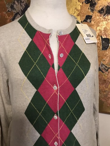 Neu mit Etikett Greg Norman Damenkollektion 100 % Baumwolle Argyle Knopfleiste Gürtel Strickjacke L - Bild 3 von 8