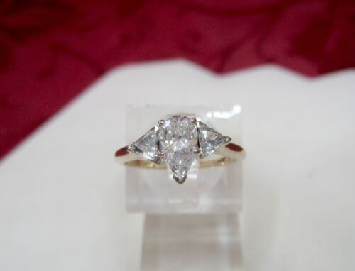 14K YELLOW GOLD PEAR CUT DIAMOND W/TRILLION CUT ACCENT ENGAGEMENT RING SIZE 6.25 - Picture 7 of 11