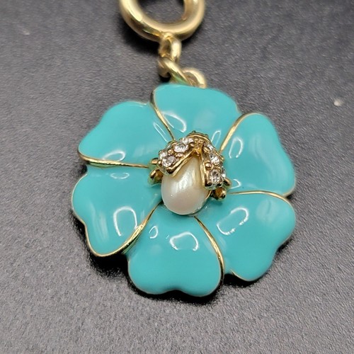 Stella & Dot Enamel Flower Ladybug Charm Pendant Blue Pearl Gold Tone Jewelry - Picture 6 of 21