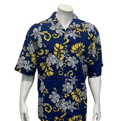 ODO Hawaiian Floral Design Blue Yellow White Short Sleeve Shirt Wood Buttons XL - Picture 6 of 11