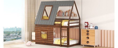 Wood Twin Size House Bunk Bed with Roof, Ladder and 2 Windows, Oak & Smoky Grey - Picture 7 of 12