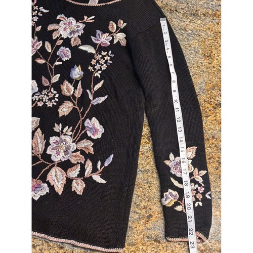 Vintage Worthington Floral Embroidered Knit Sweater Cottagecore Black Size M - Picture 6 of 8