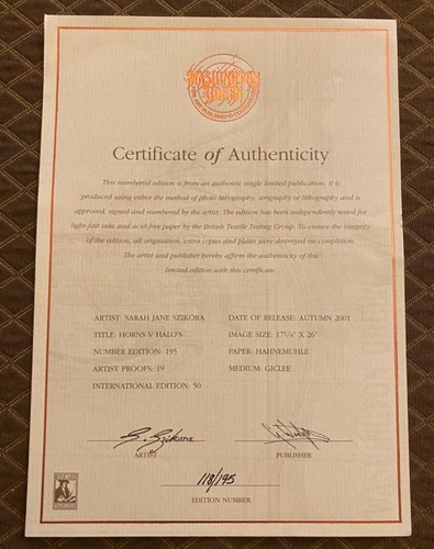 Sarah JANE Szikora  "HORNS V HALOS"  S/N litho 118/195 and CERTIFICATE! - Foto 5 di 5