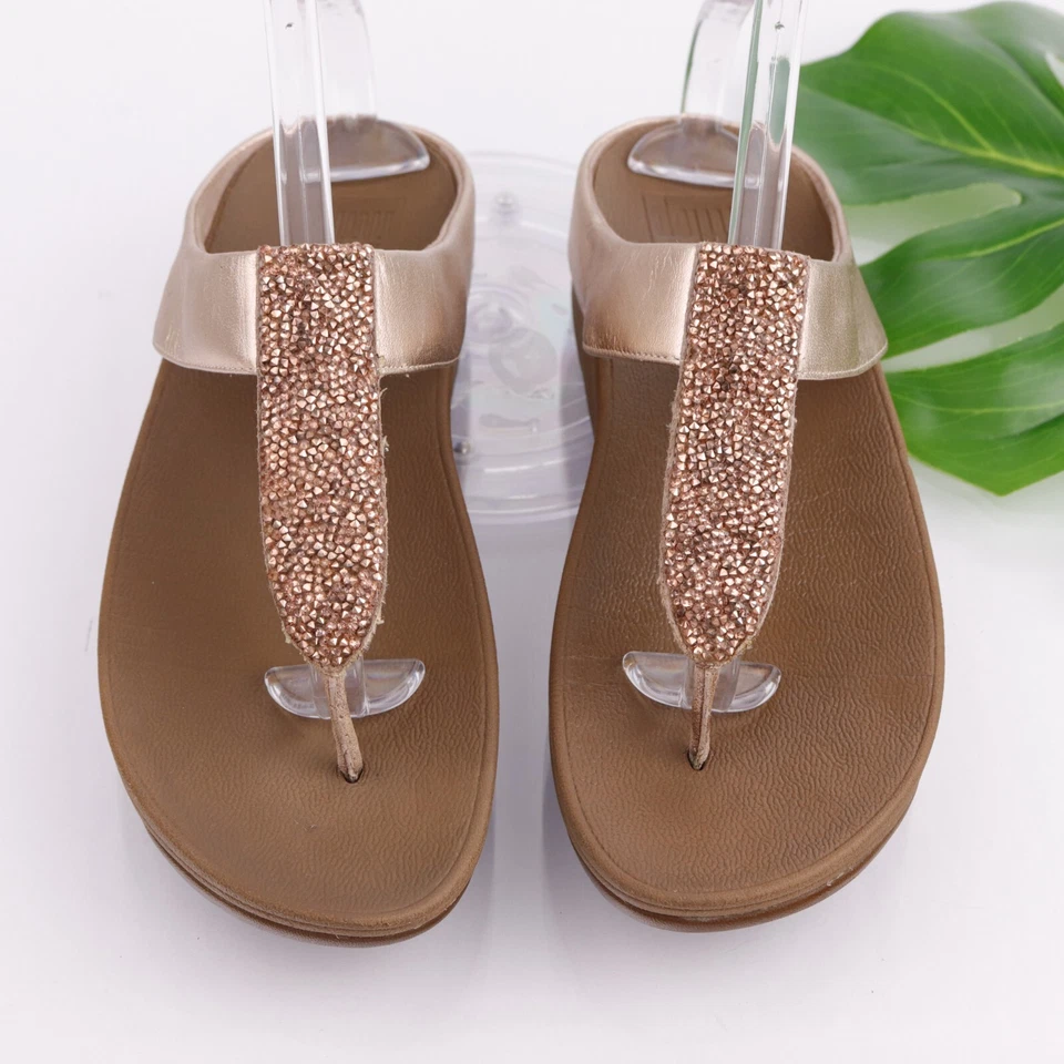 Sandalia Fitflop Mujer Fino Brillante Talla 9 Oro Rosa Brillo Tanga Puntera Deslizable Foto 3 de 4