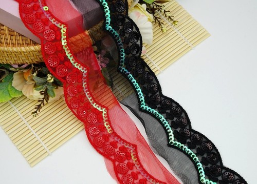 2 Yrd Red And Black Sequence Embroidered Lace Trim Craft Ribbon Decorative 35 mm - Picture 1 of 9