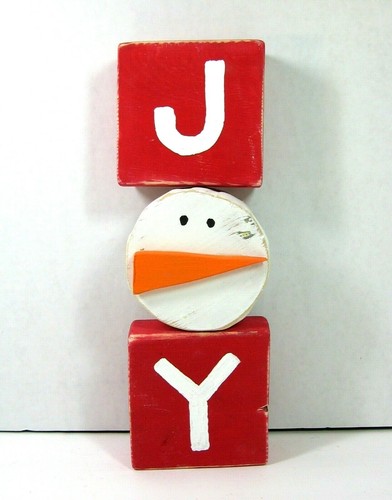 Christmas JOY SNOWMAN O BLOCKS Handmade Wood Painted Red RUSTIC Crafted 3 1/4" - Picture 2 of 7