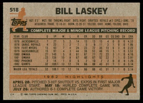 1983 Topps Baseball #518 Bill Laskey Rookie - Foto 2 di 2
