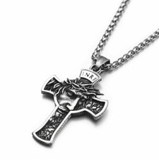 Mens Stainless Steel Jesus Christ Face Crucifix Cross Pendant Necklace