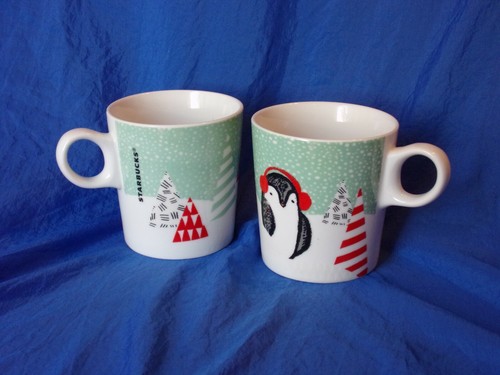 PAR de tazas de café navideñas de cerámica de 10 oz Starbucks Penguin con orejeras rojas x2 en muy buena condición - Imagen 2 de 4
