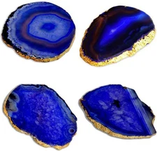 Blue Agate Coasters for Drinks - Set of 4 - Modern Gold Edge Stone Geode 