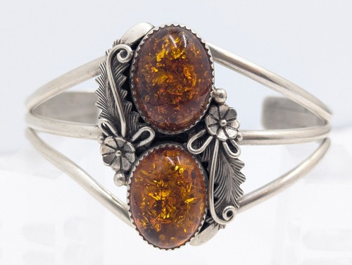 Stunning Peterson Johnson Navajo sterling Amber FeatherFlower cuff bracelet U367 - Picture 11 of 24