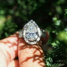 925 Sterling Silver Lab-Created 3.30 Ct Pear Cut White Diamond Engagement Ring