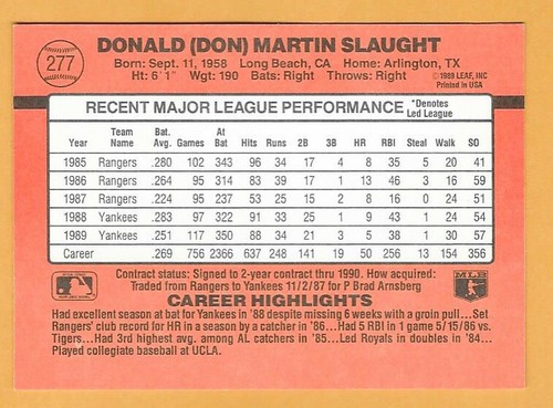 DON SLAUGHT NEW YORK YANKEES #277 no dot inc - DONRUSS NM-MT 1990 - Picture 2 of 2