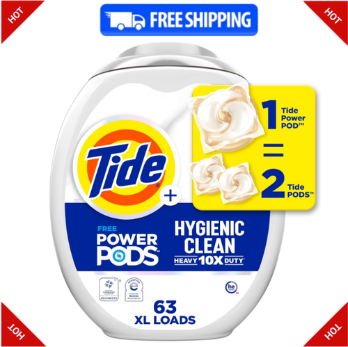 Tide Hygienic Clean – Heavy Duty 10x Free Power PODS, Unscented, 63 Count