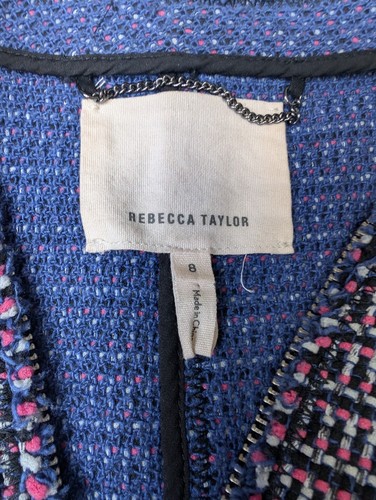Rebecca Taylor Navy Blue & Pink Wool Blend Tweed Zip Front Jacket Women's Size 8 - Picture 5 of 9