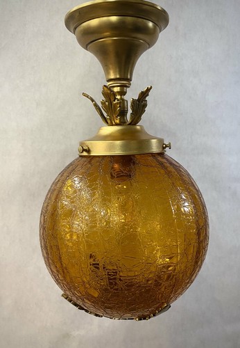 Vintage Brass Small Pendant Ceiling Light Fixture Amber Crackle Glass Shade - Picture 7 of 9