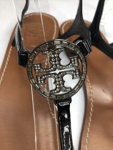 Tory Burch Sandal Shoe Women 10.5M Violet T-Strap Thong Black Leather Rhinestone - Picture 8 of 13