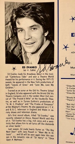 ED EVANKO Autographed Hand SIGNED SOUTH PACIFIC 1973 PROGRAM PAMPHLET w/COA - Picture 2 of 4