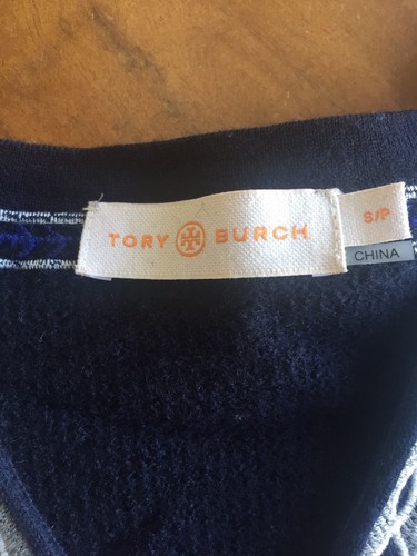 TORY BURCH Navy Blue Textured Wool Knit Embroidered Floral Top size Small - Picture 3 of 7
