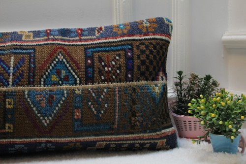 Brown Colors Vintage Turkish Rug Pillow, 12x36 inc Long Lumbar Pillow Case, - Picture 5 of 8