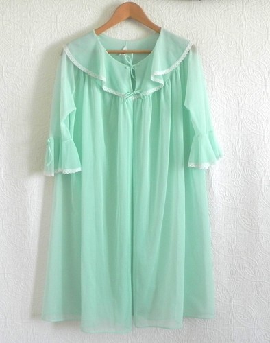 Vintage Unionmade Chiffon Morgenmantel Baby Puppenstil Meer Schaum grün Glockenärmel Größe L - Bild 2 von 11