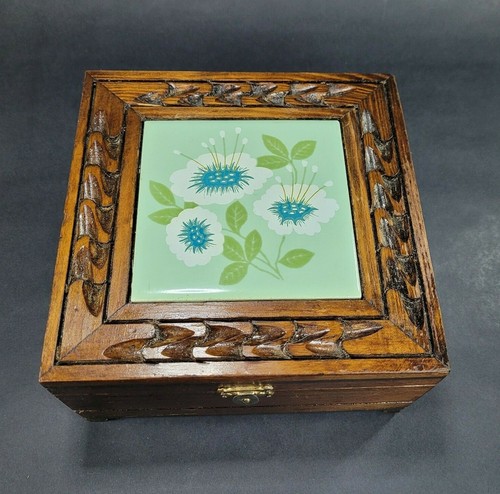 Vintage Hand Carved Wood Tile Top Trinket Jewelry Box Rustic Boho Floral - Picture 2 of 12