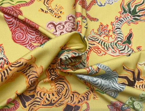 HAMILTON HIMALAYA JONQUIL YELLOW ASIAN TIGERS DRAGONS FABRIC BY THE YARD 54"W - Picture 5 of 8