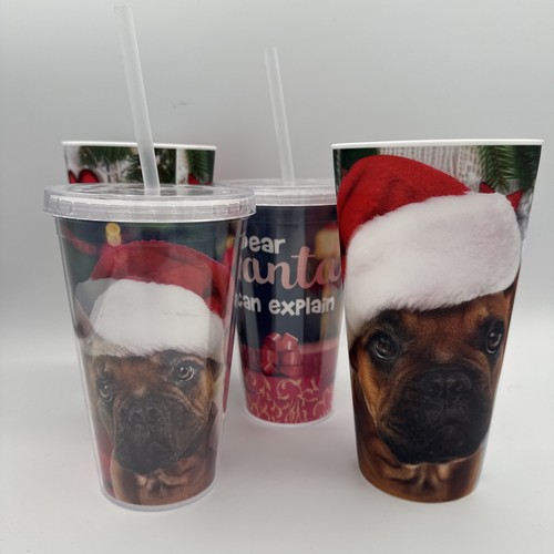 Weihnachten Hund Santa Becher 5er Set Tassen Deckel Strohhalme BPA frei Urlaub 16-22 Unzen - Bild 1 von 5