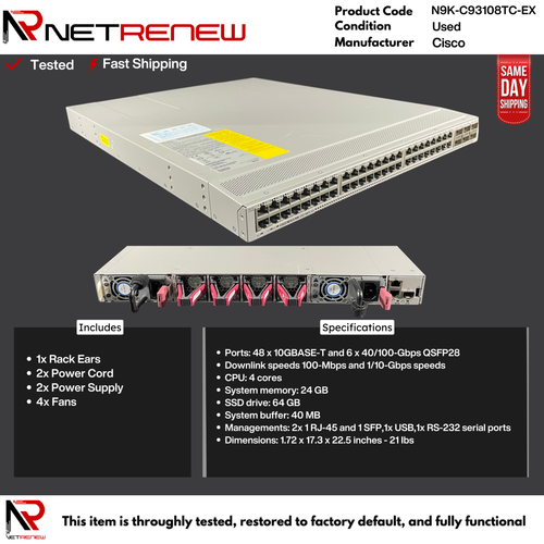 Cisco Nexus N9K-C93108TC-EX 48 Port Switch ** READ CONDITION ** - 第 1/1 張圖片