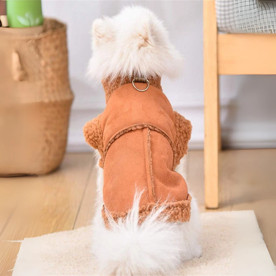 Cálido Abrigo para Mascotas Chaqueta Marrón A Prueba de Viento Sherpa Polar Acolchado Gatos y Perros Chaqueta Abrigo Foto 3 de 4
