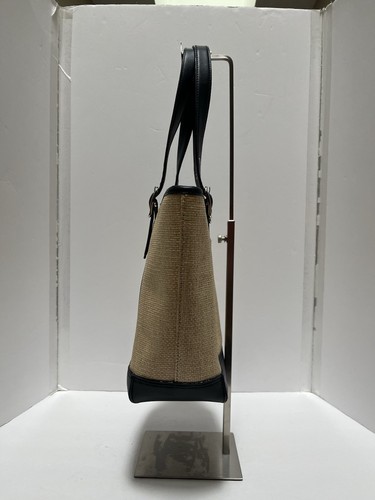 St John's Bay Basketweave Tote Beige Dark Navy Blue Trim Handbag - Picture 2 of 13