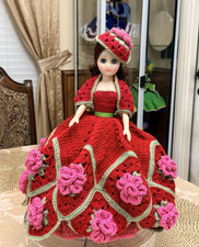 Vintage Doll with Handcrafted Red and Pink Crocheted Dress and Matching Hat